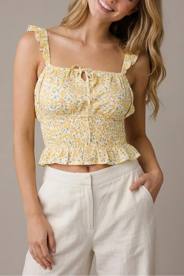 YELLOW RUFFLED SLEEVES SMOCKED WOVEN TOP