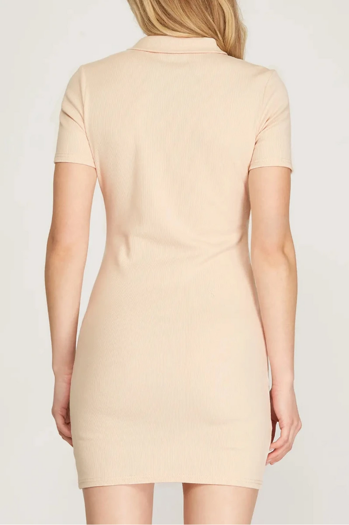 BURNT ORANGE SHORT SLEEVES RIB KNIT BODYCON POLO MINI DRESS SKSS9842*
