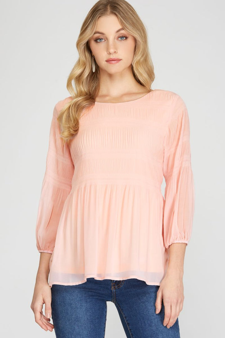 PLISSE 3/4 SLEEVES WOVEN TUNIC TOP SKSS9938