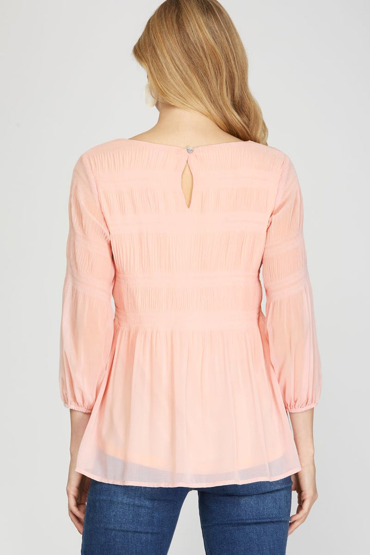 PLISSE 3/4 SLEEVES WOVEN TUNIC TOP SKSS9938