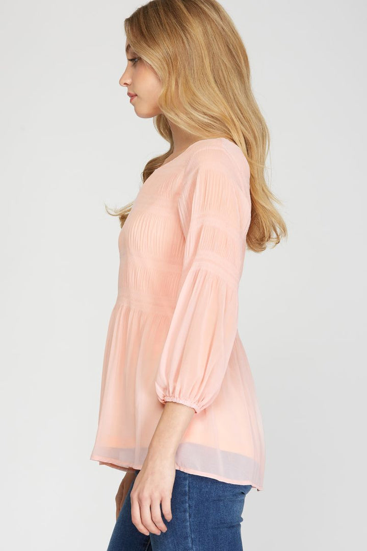 PLISSE 3/4 SLEEVES WOVEN TUNIC TOP SKSS9938