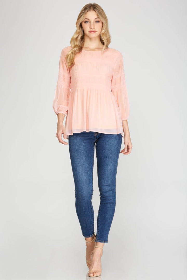 PLISSE 3/4 SLEEVES WOVEN TUNIC TOP SKSS9938