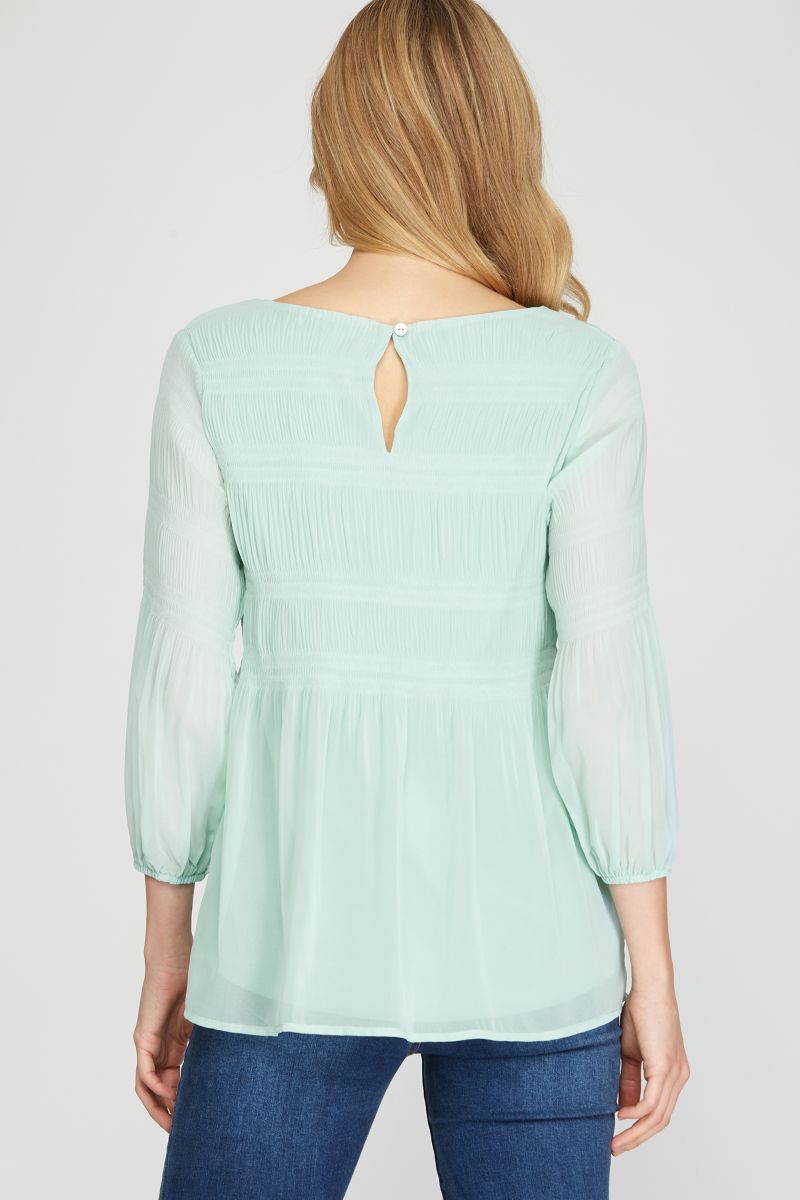 PLISSE 3/4 SLEEVES WOVEN TUNIC TOP SKSS9938