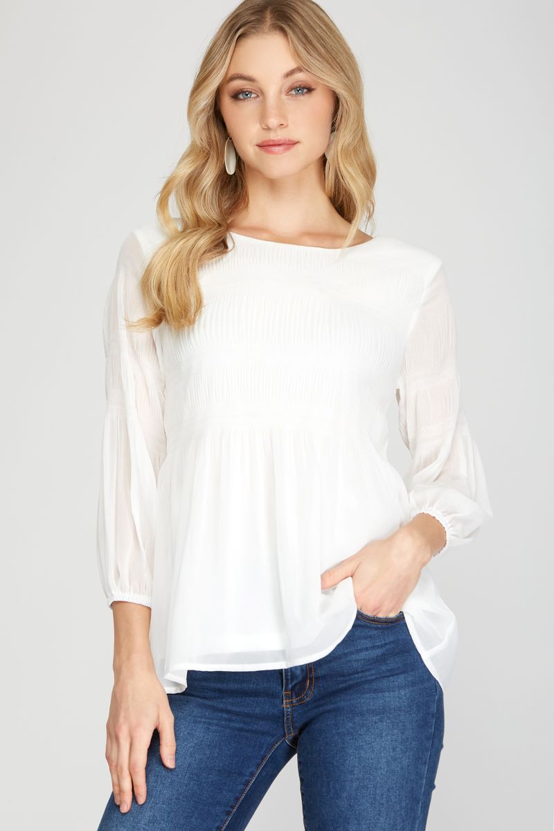 PLISSE 3/4 SLEEVES WOVEN TUNIC TOP SKSS9938