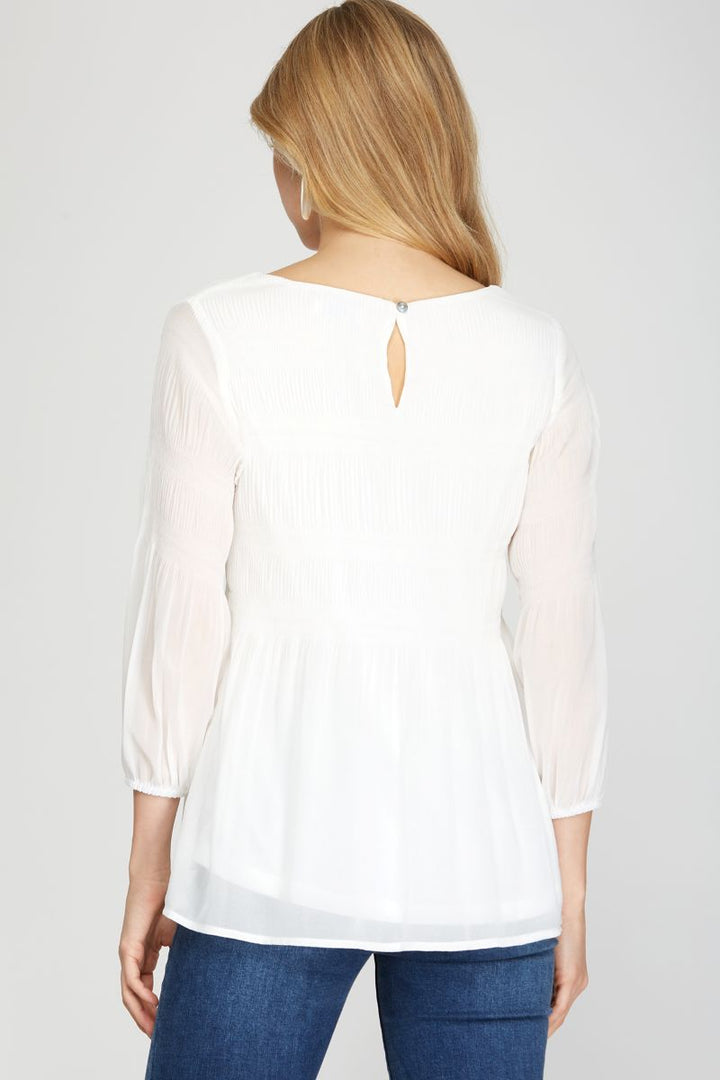 PLISSE 3/4 SLEEVES WOVEN TUNIC TOP SKSS9938