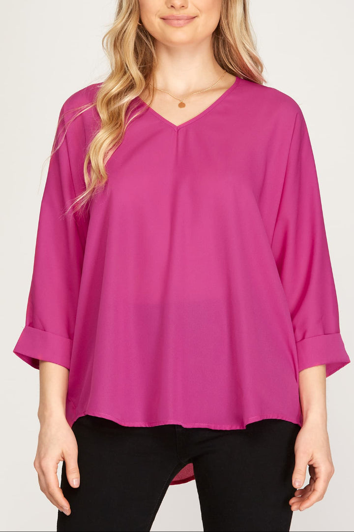 V-NECK 3/4 SLEEVES WOVEN TOP SKSS9887