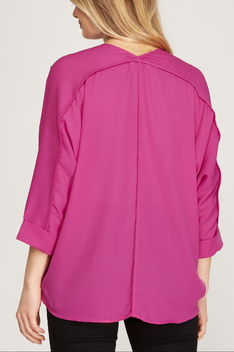 V-NECK 3/4 SLEEVES WOVEN TOP SKSS9887