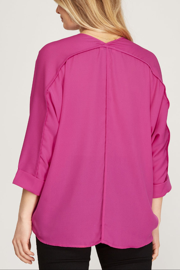 V-NECK 3/4 SLEEVES WOVEN TOP SKSS9887