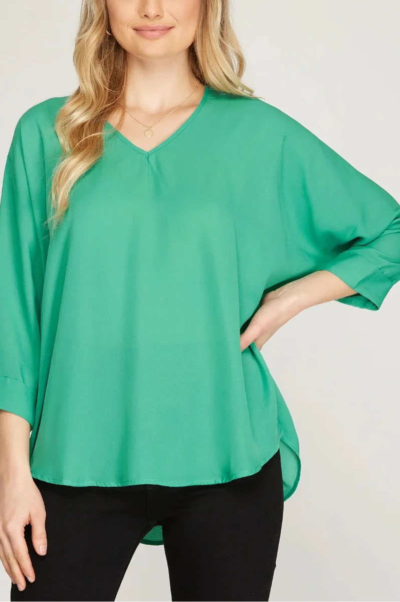 V-NECK 3/4 SLEEVES WOVEN TOP SKSS9887