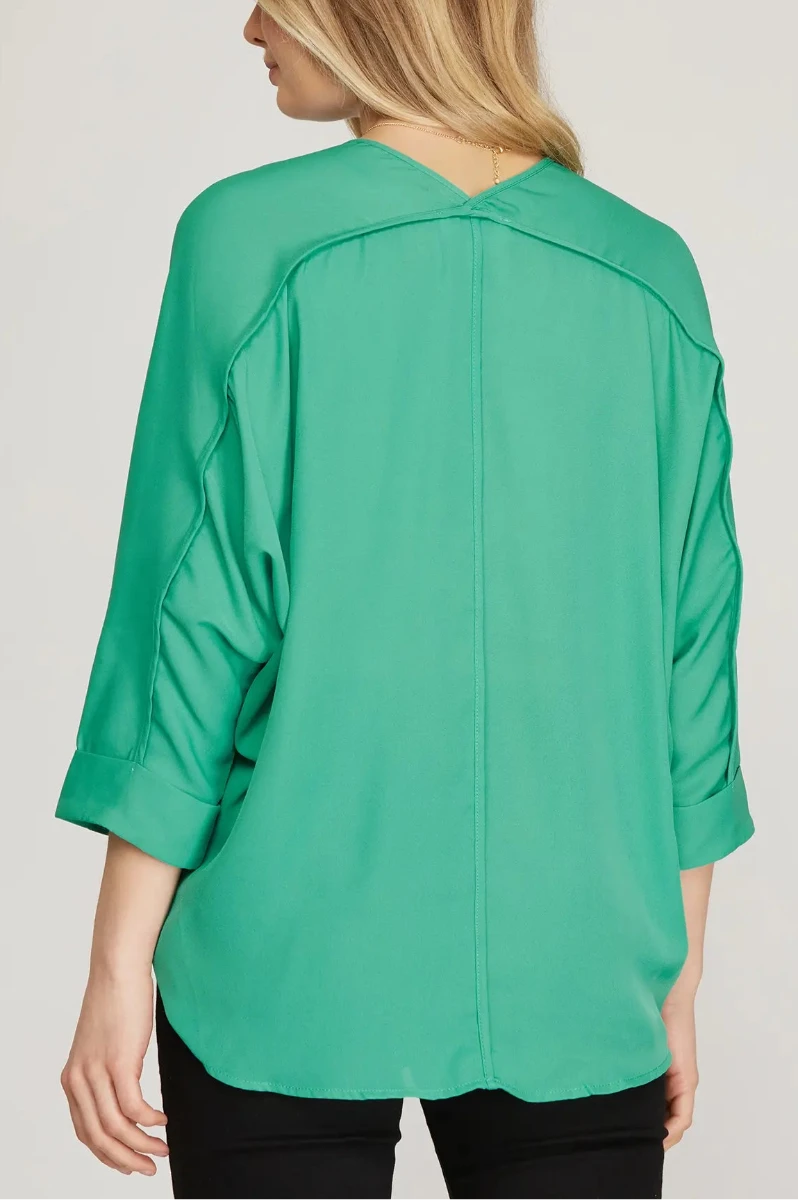 V-NECK 3/4 SLEEVES WOVEN TOP SKSS9887
