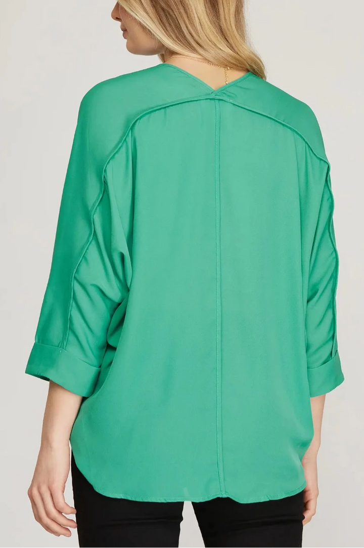 V-NECK 3/4 SLEEVES WOVEN TOP SKSS9887