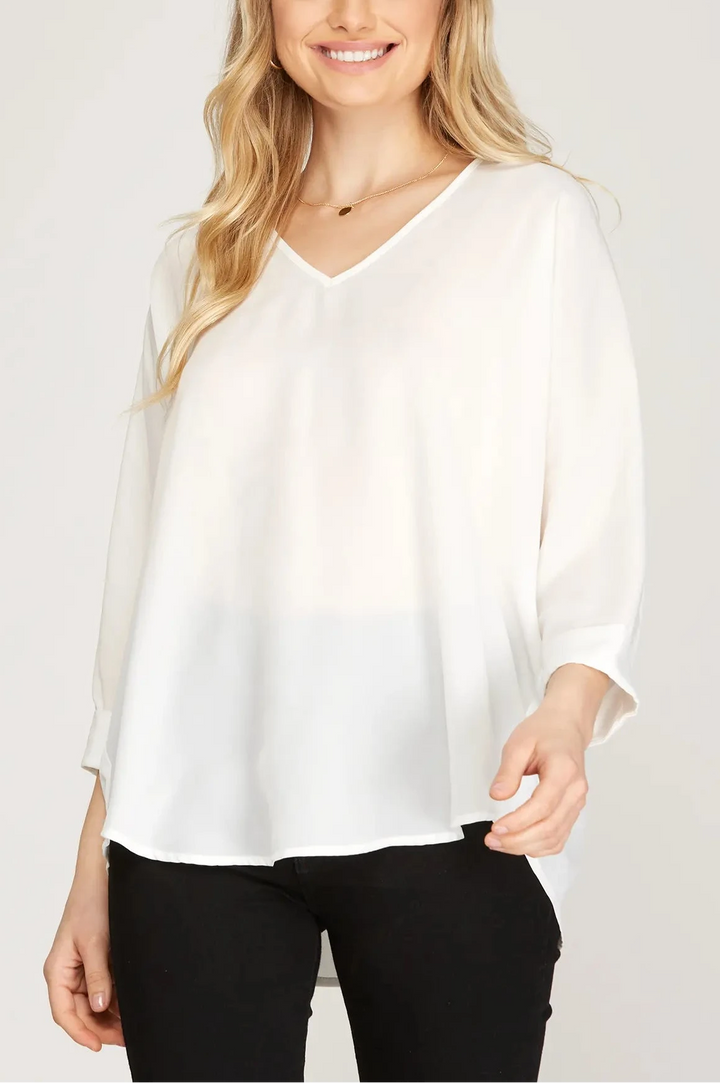 V-NECK 3/4 SLEEVES WOVEN TOP SKSS9887