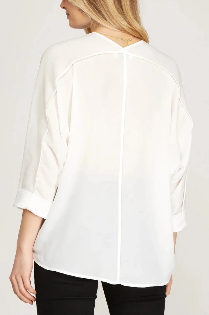 V-NECK 3/4 SLEEVES WOVEN TOP SKSS9887