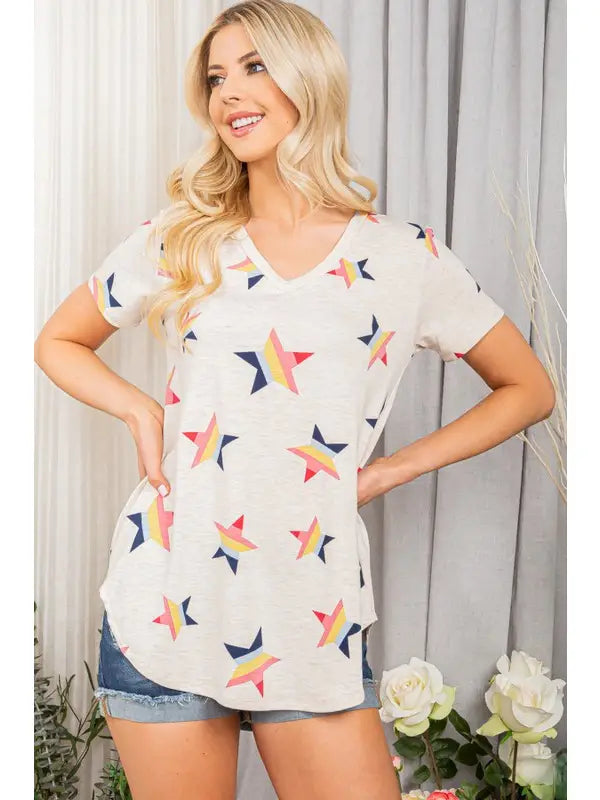 OFF WHITE RAINBOW STARS PRINT SHORT SLEEVES TUNIC TOP HMST1565-13