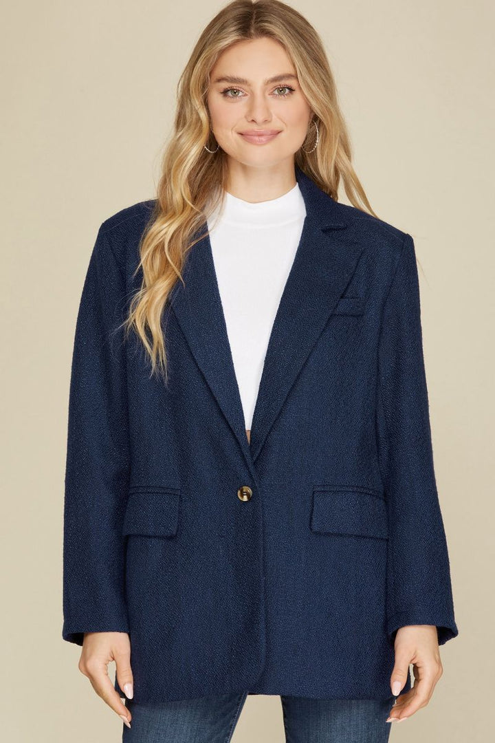 NAVY SINGLE BREAST TWEED W/ POCKETS BLAZER JACKET SKSY2757
