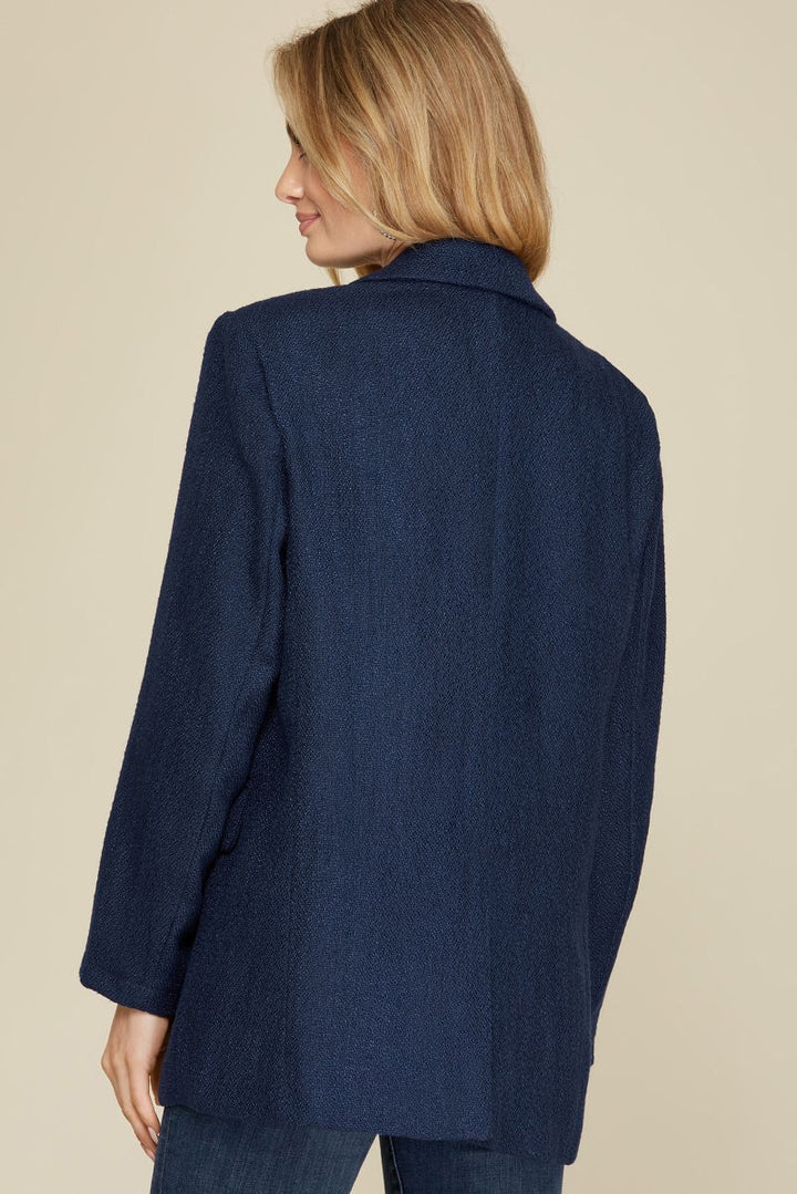 NAVY SINGLE BREAST TWEED W/ POCKETS BLAZER JACKET SKSY2757