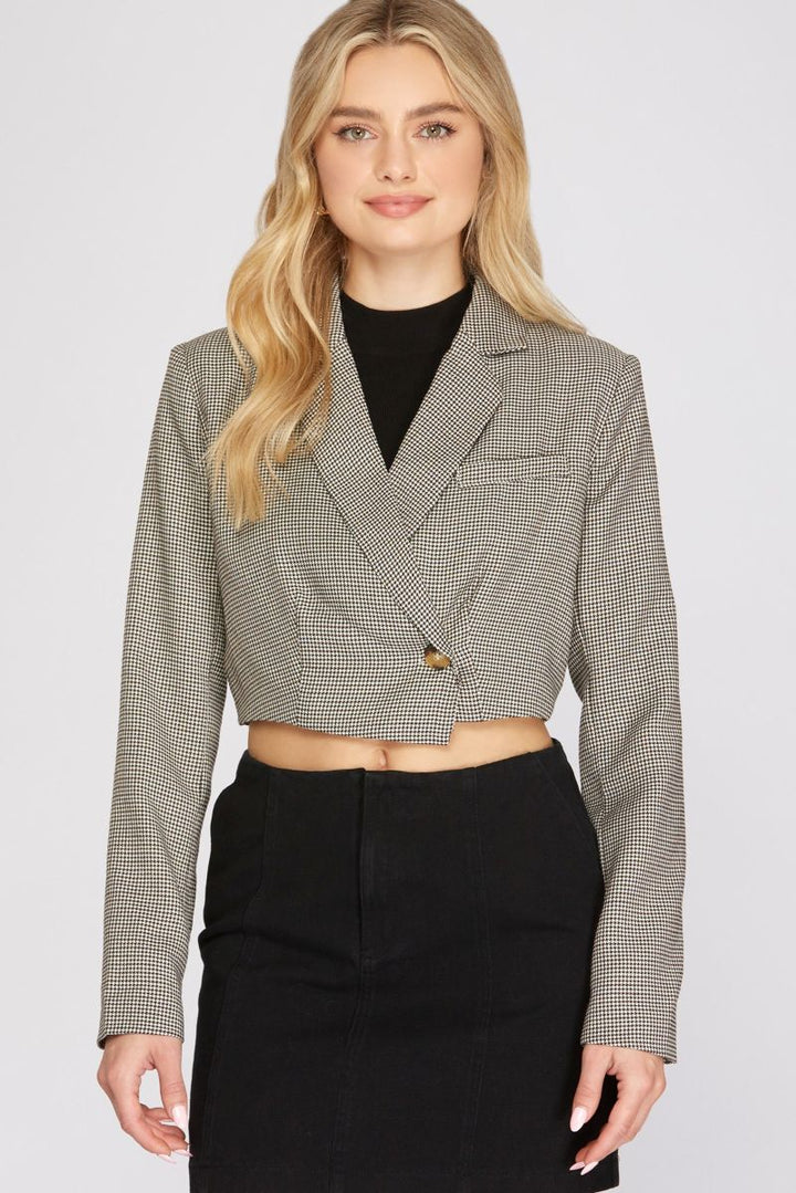 ECRU BLACK HOUNDSTOOTH CROP BLAZER JACKET SKSY1536