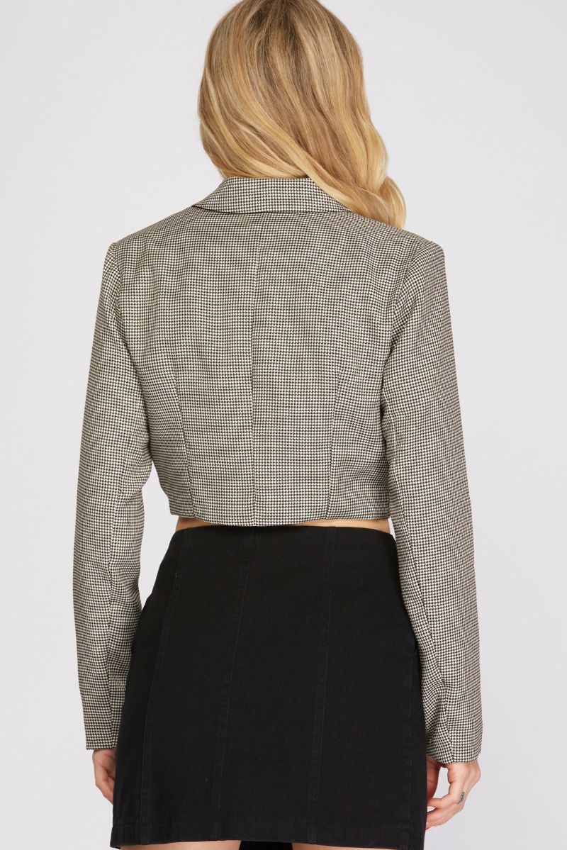 ECRU BLACK HOUNDSTOOTH CROP BLAZER JACKET SKSY1536