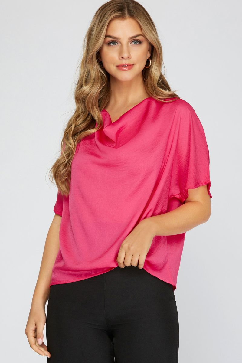 COWL NECK SHORT SLEEVES WOVEN TOP SKSY3361