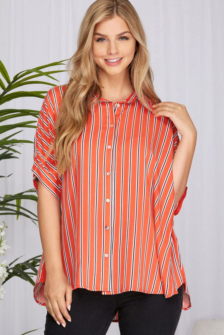 CORAL STRIPE FOLDED SLEEVES BUTTON DOWN WOVEN TOP SKSY3373