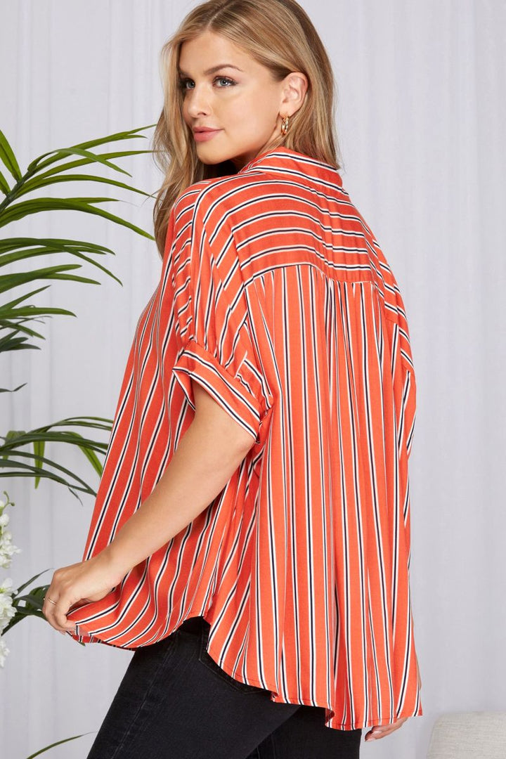 CORAL STRIPE FOLDED SLEEVES BUTTON DOWN WOVEN TOP SKSY3373