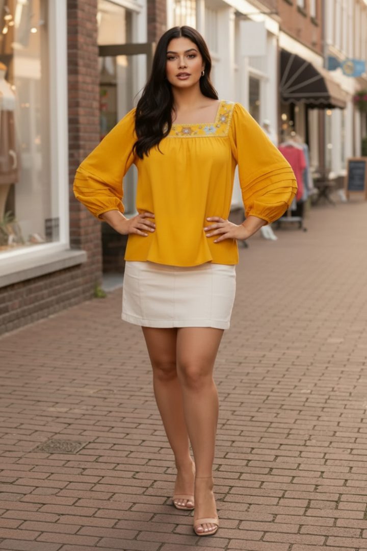 3/4 SLEEVE WOVEN EMBROIDERED SQUARE NECK TOP SKSY3266
