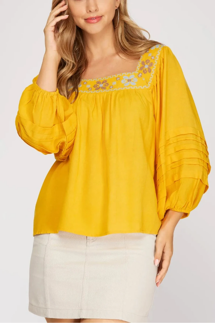 3/4 SLEEVE WOVEN EMBROIDERED SQUARE NECK TOP SKSY3266