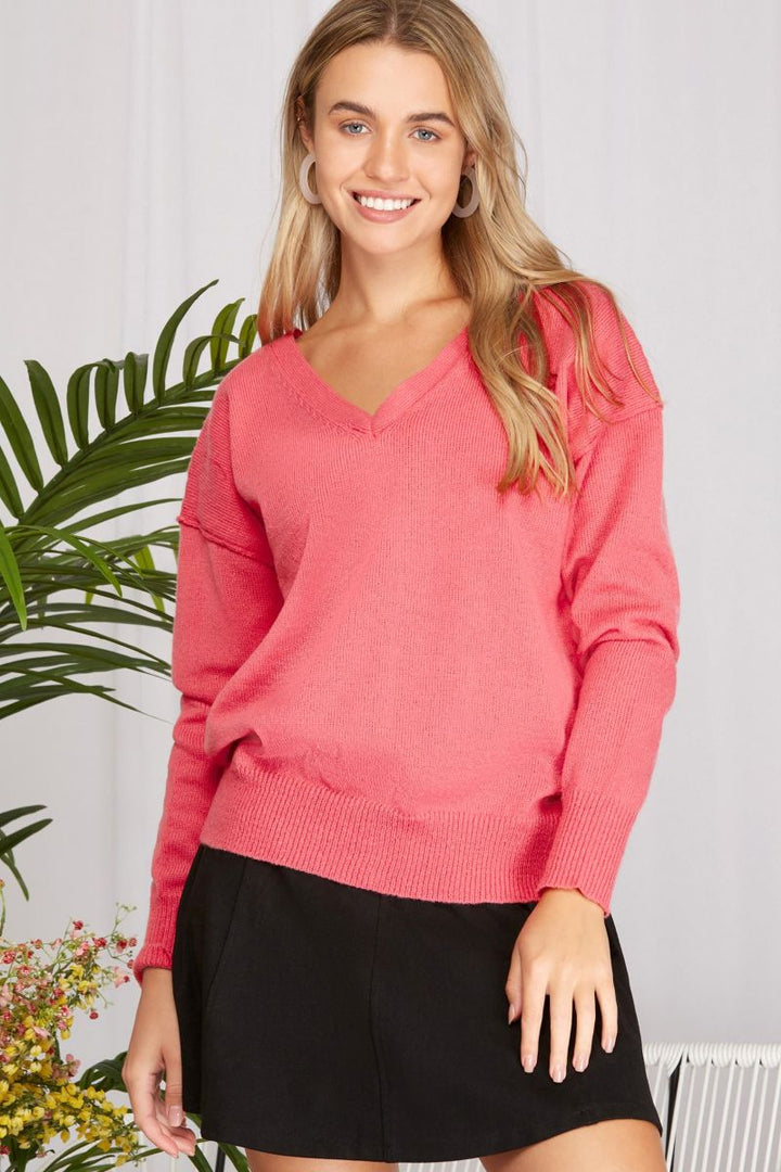 HOT PINK V-NECK LONG SLEEVES SWEATER TOP SKSY3396