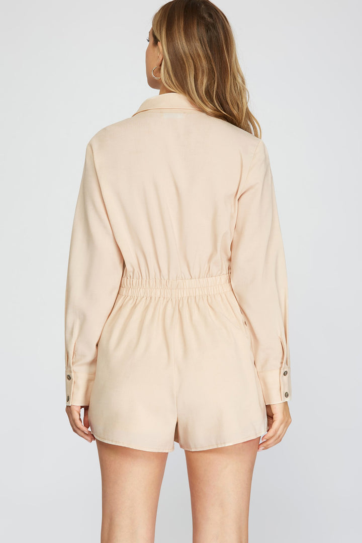 WOVEN SHAWL COLLAR WRAP ROMPER WITH SIDE TIE ROMPER