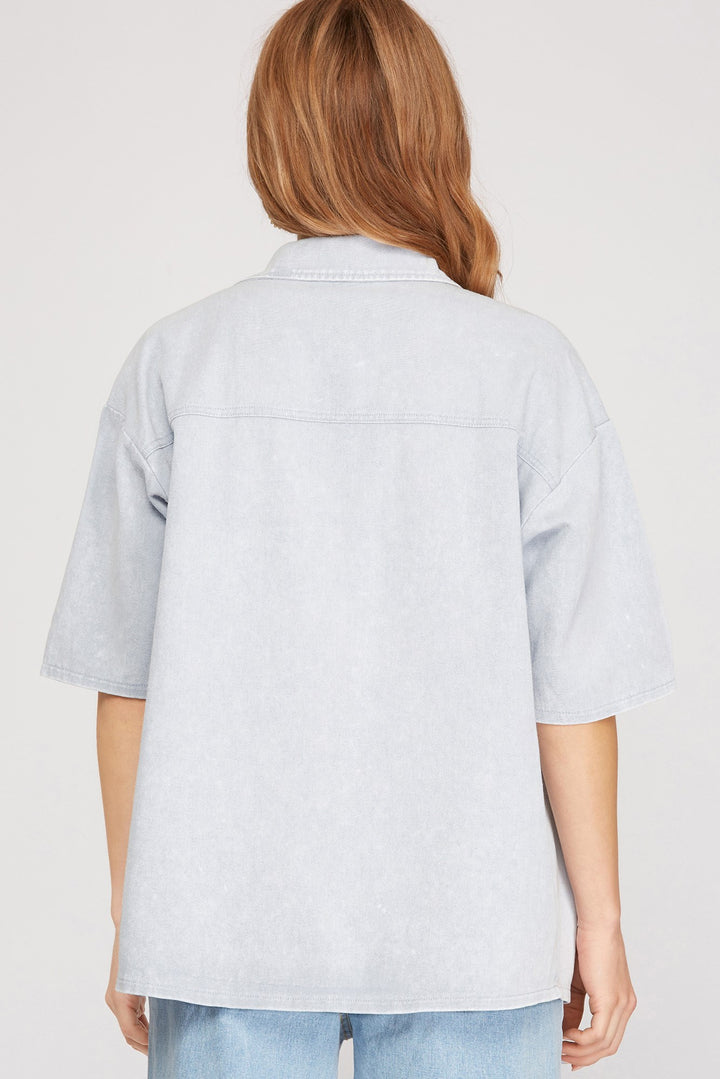 OVERSIZED HALF SLEEVE TWILL WASHED SHIRT