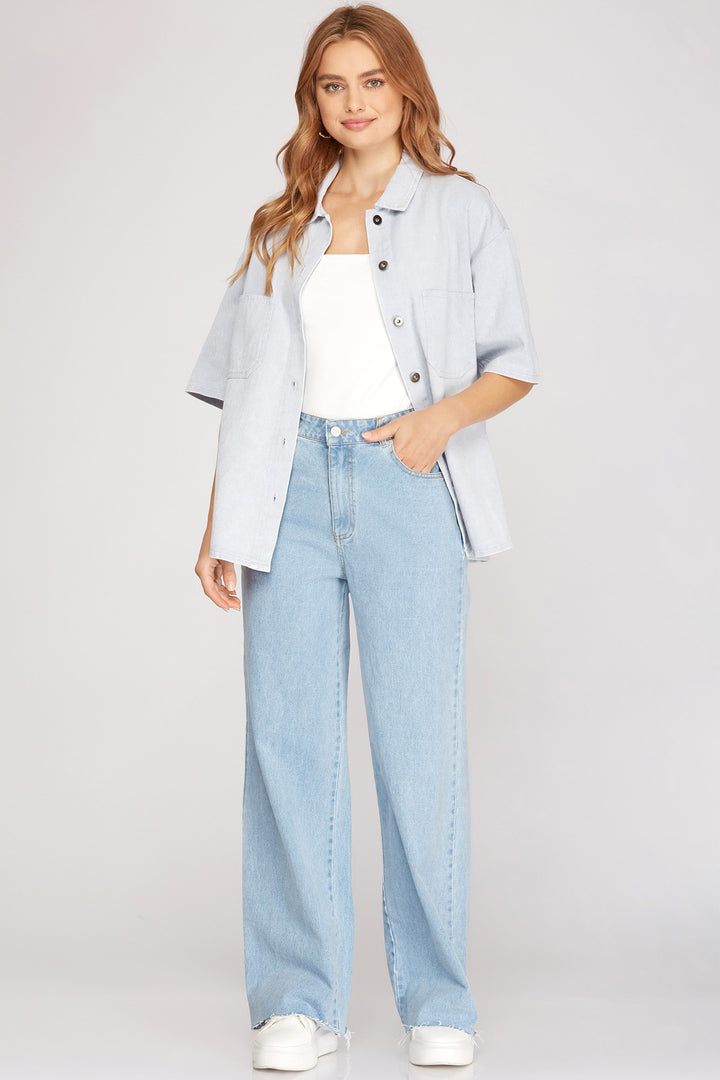 OVERSIZED HALF SLEEVE TWILL WASHED SHIRT