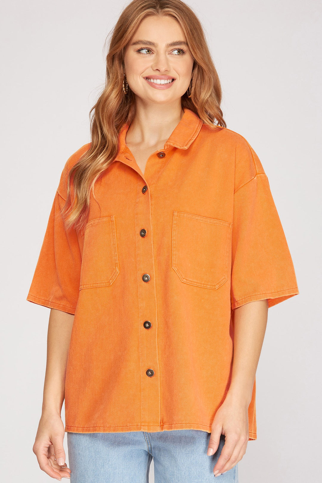 OVERSIZED HALF SLEEVE TWILL WASHED SHIRT