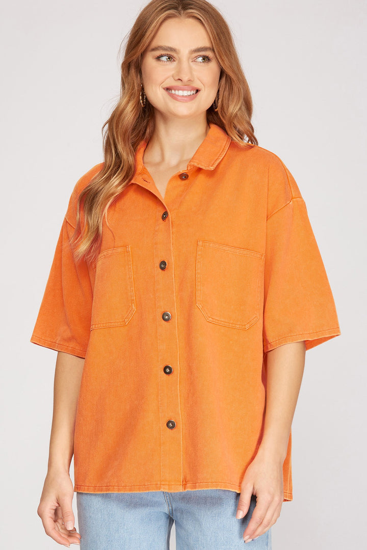 OVERSIZED HALF SLEEVE TWILL WASHED SHIRT
