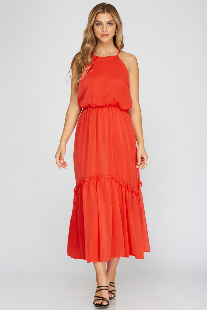 WOVEN CAMI DRESS WITH ELASTIC WAIST