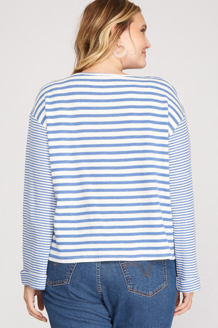 STRIPE LONG WIDE FOLDED SLEEVES PLUS SIZE KNIT TOP SKPSY3418