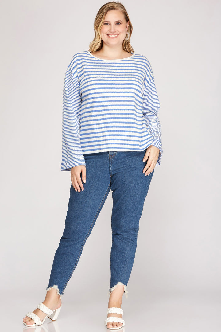 STRIPE LONG WIDE FOLDED SLEEVES PLUS SIZE KNIT TOP SKPSY3418