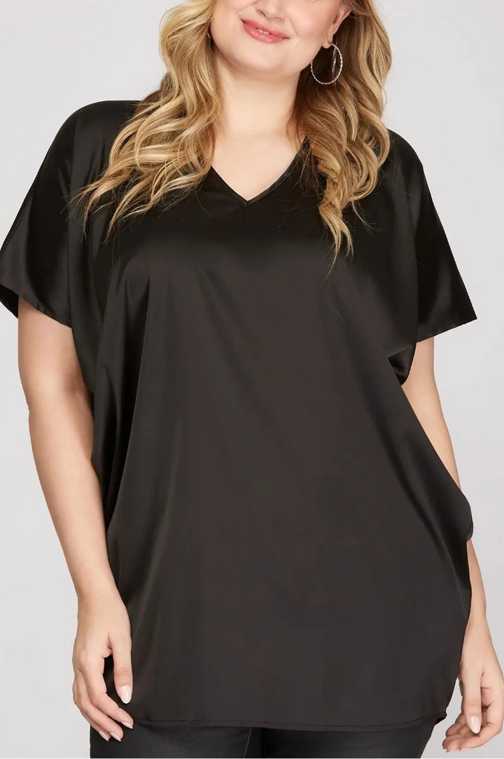 DROP SHOULDER BATWING SLEEVES SATIN PLUS SIZE TOP SKPSY3352