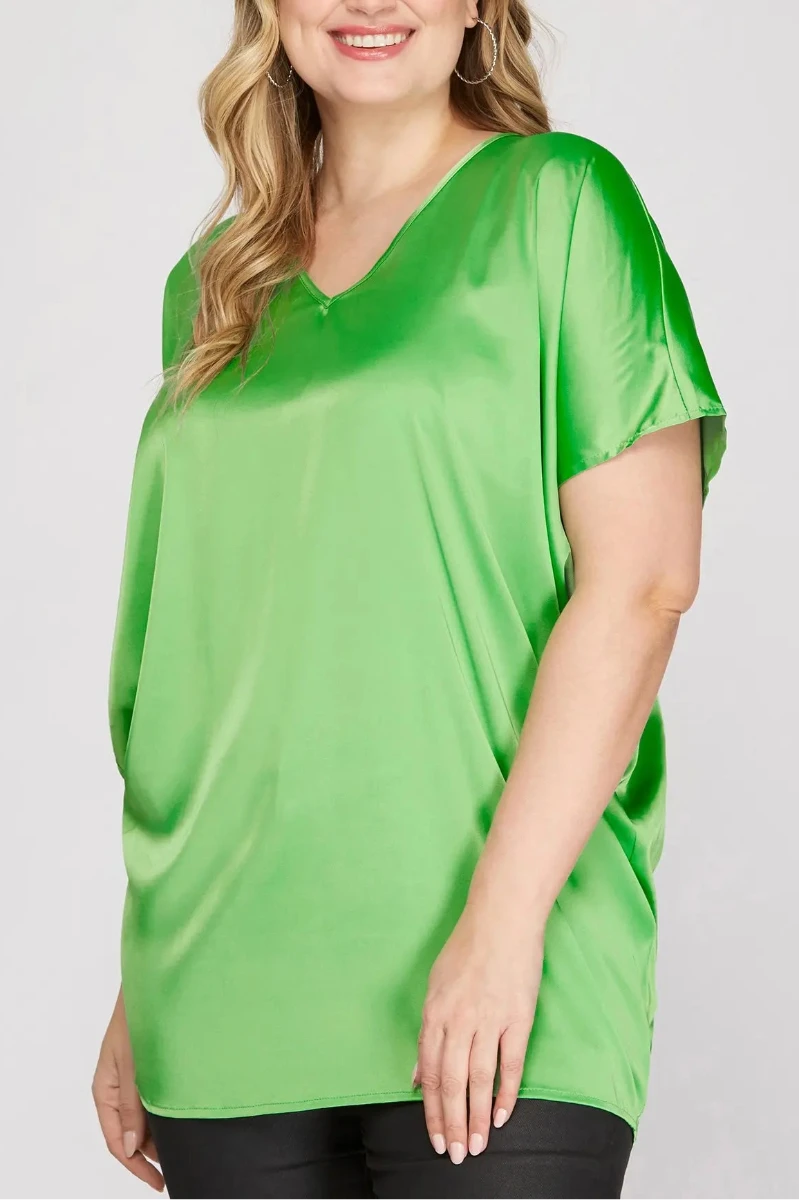 DROP SHOULDER BATWING SLEEVES SATIN PLUS SIZE TOP SKPSY3352