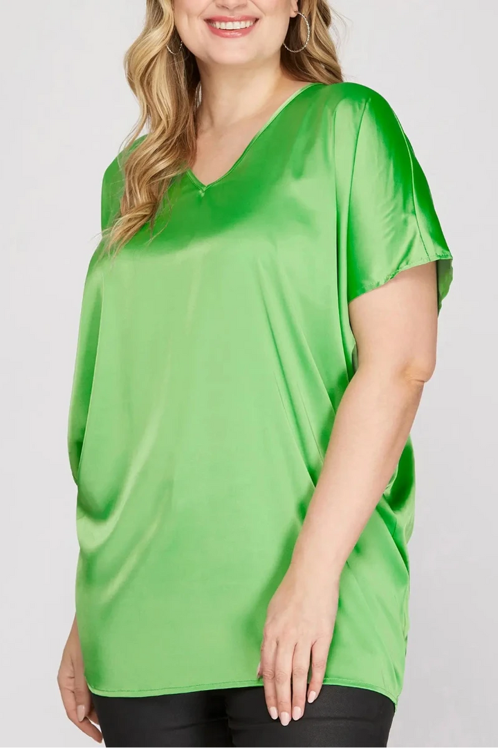 DROP SHOULDER BATWING SLEEVES SATIN PLUS SIZE TOP SKPSY3352