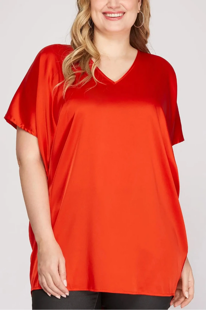 DROP SHOULDER BATWING SLEEVES SATIN PLUS SIZE TOP SKPSY3352