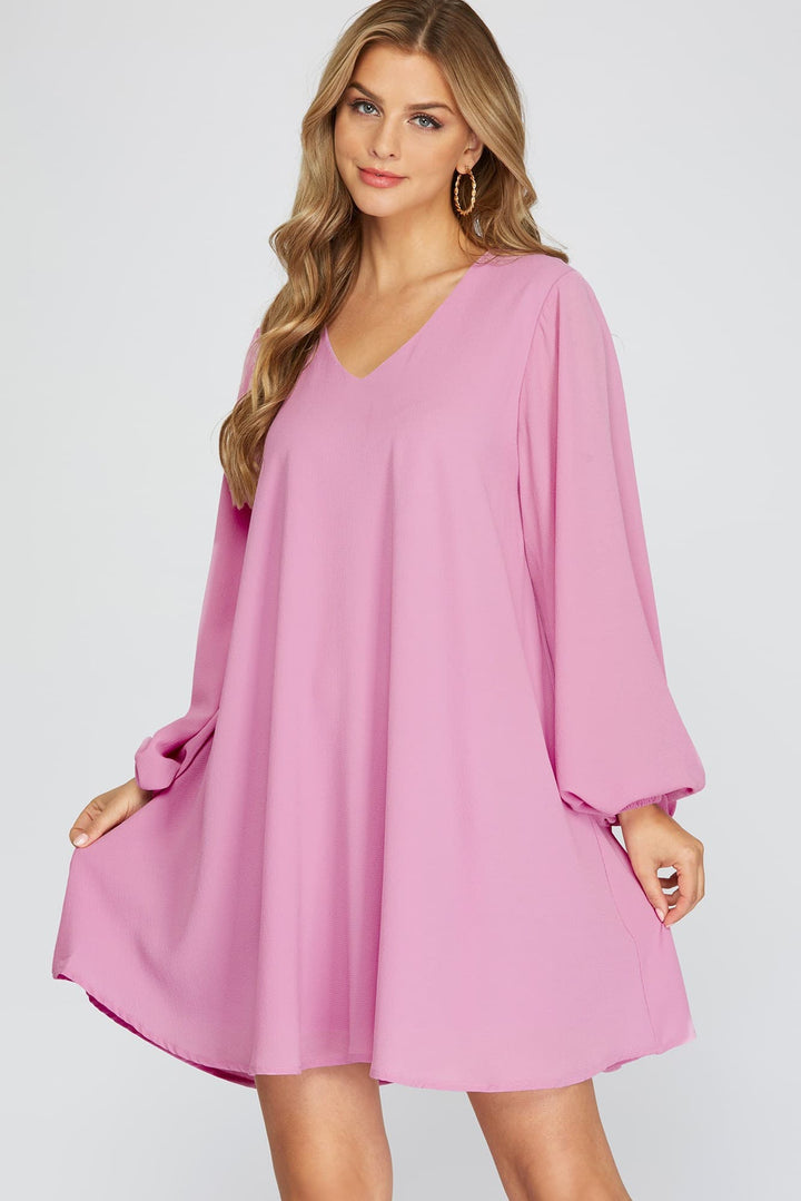 LONG SLEEVE V-NECK FLOUNCE WOVEN DRESS-SKSY3375