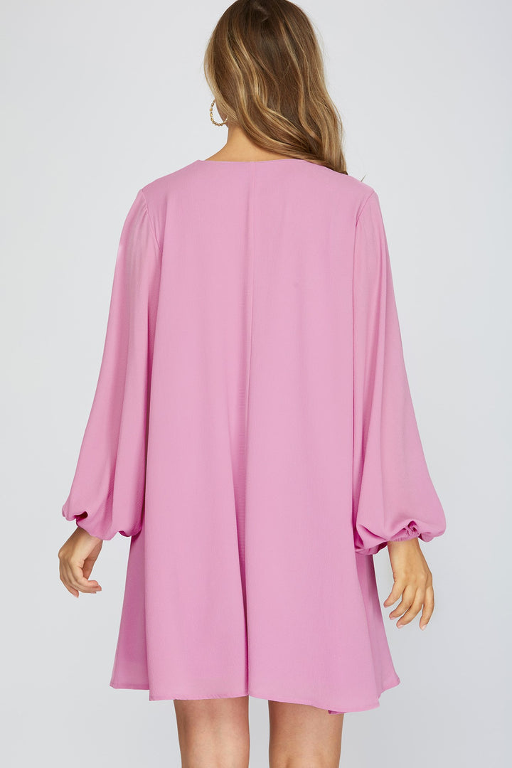 LONG SLEEVE V-NECK FLOUNCE WOVEN DRESS-SKSY3375