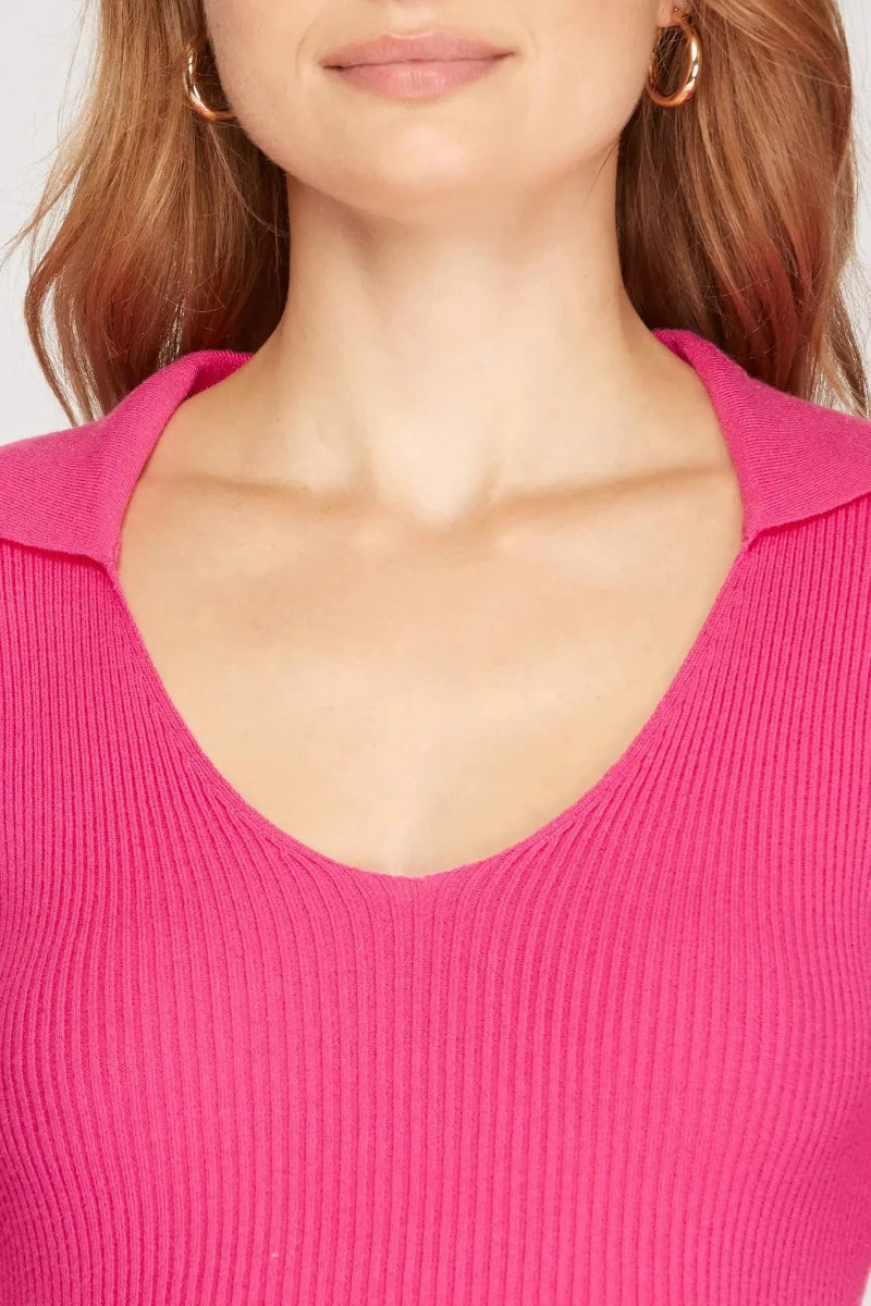 BLACK SHORT SLEEVES COLLARED KNIT CROP TOP