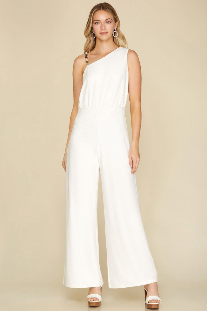 OFF WHITE ONE SHOULDER HEAVY KNIT JUMPSUIT