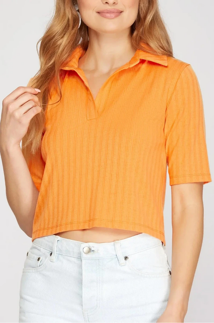 OFF WHITE HALF SLEEVES COLLARED KNIT CROP TOP