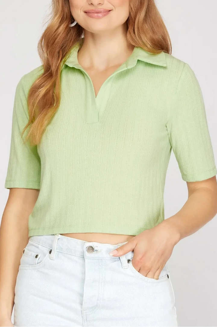 OFF WHITE HALF SLEEVES COLLARED KNIT CROP TOP