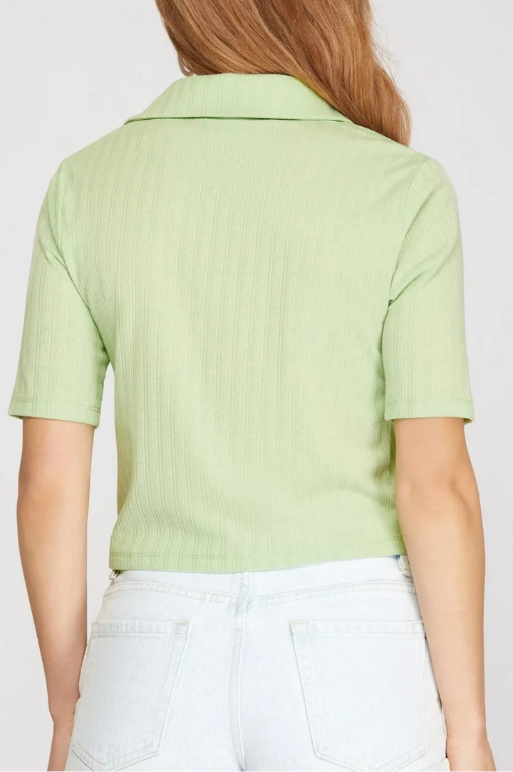 OFF WHITE HALF SLEEVES COLLARED KNIT CROP TOP