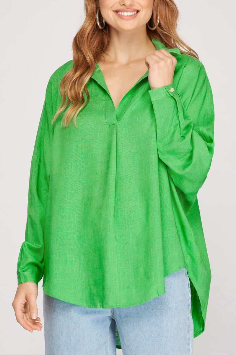 LONG SLEEVE COLLARED OVERSIZED WOVEN TOP