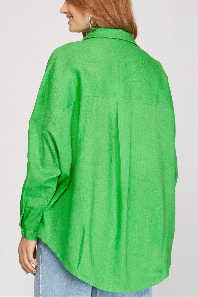 LONG SLEEVE COLLARED OVERSIZED WOVEN TOP
