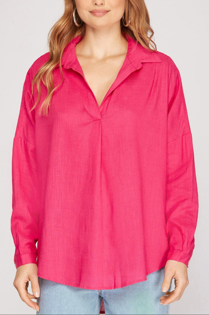 LONG SLEEVE COLLARED OVERSIZED WOVEN TOP